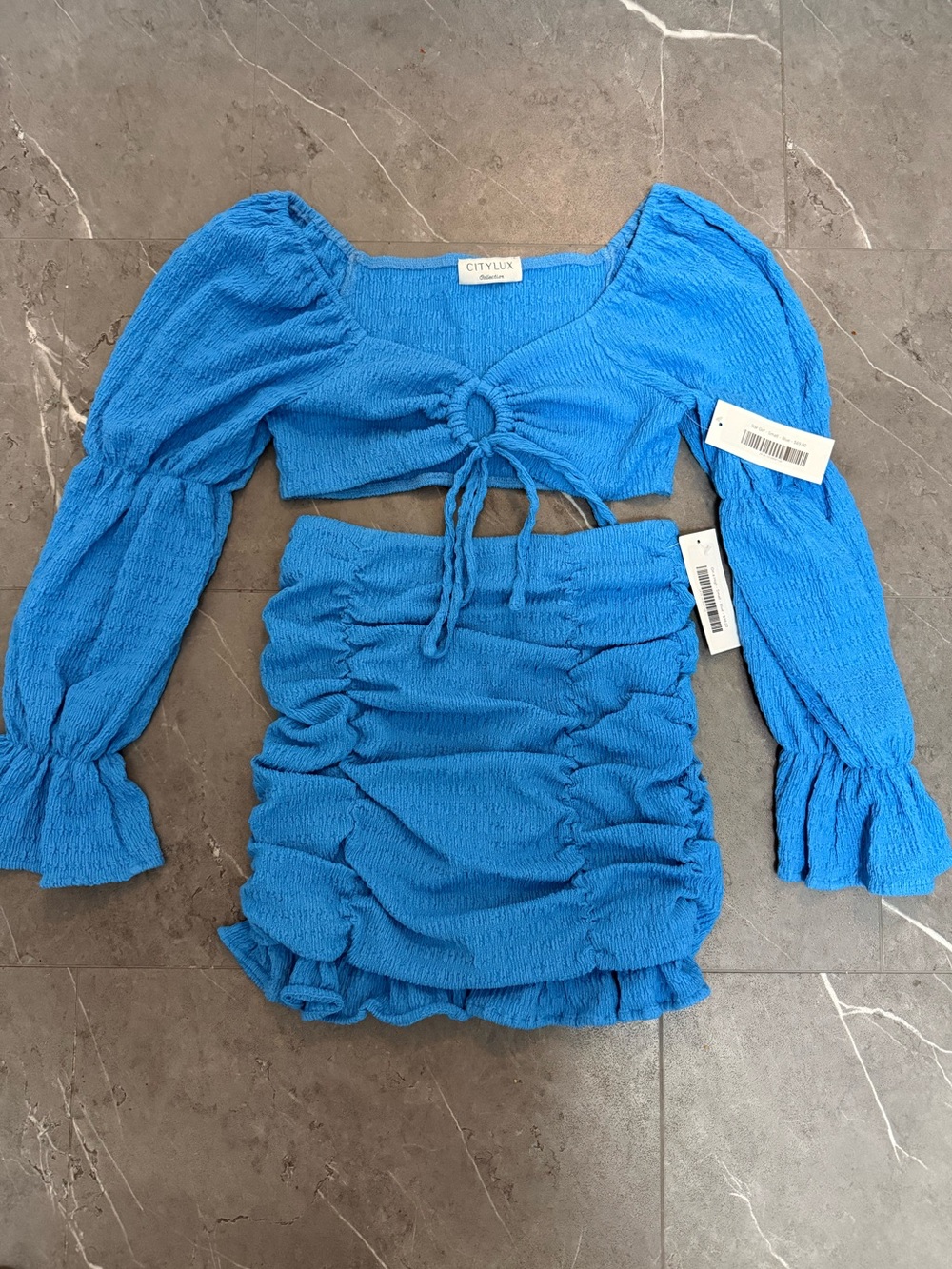BNWT Blue Smocked Tie-Front Crop Top and Skirt